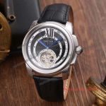 Replica Cartier Mens Tourbillon Automatic Watch-Black Dial Black Leather Band